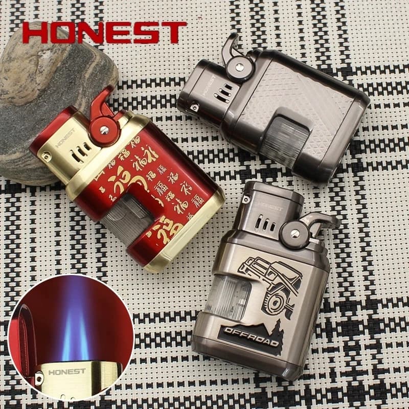 Accendino per Sigari HONEST in Metallo a Doppia Fiamma, Antivento per Esterni con Finestra Trasparente, Ricaricabile, Regalo di Lusso per Fumatori