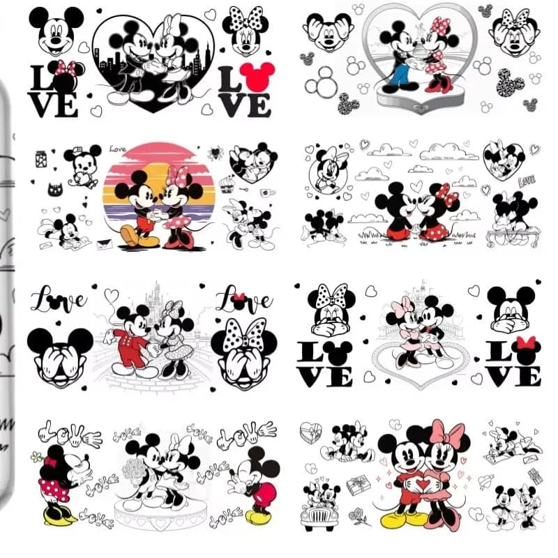 Adesivi transfer UV DTF con motivo romantico di Topolino e Minnie, impermeabili, per decorare bicchieri da 16oz.