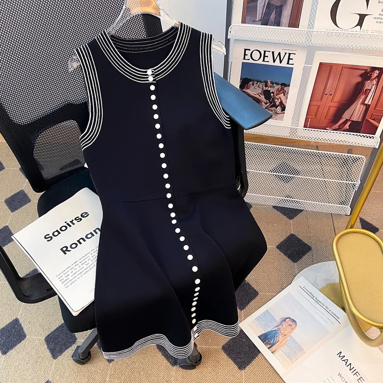 Abito Midi Elegante in Maglia Senza Maniche Monopetto Slim Fit Nero Nuova Collezione Primavera Autunno 2025 Pure Quality S Home