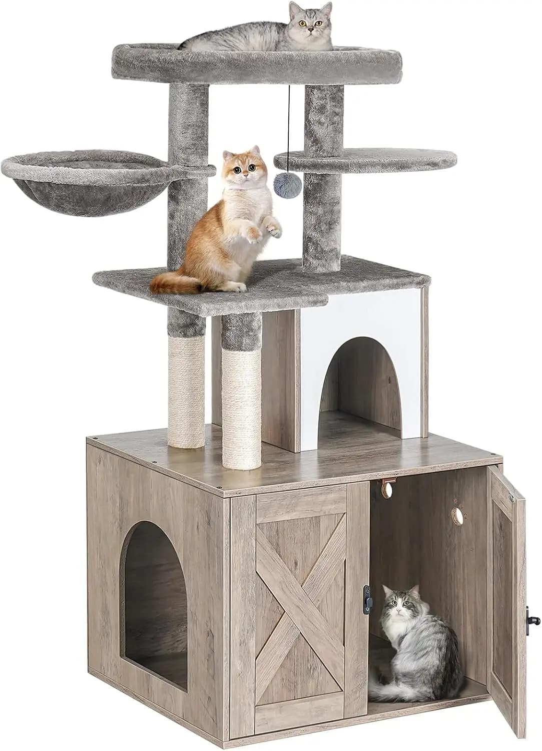 Hidden Cat Litter Box Furniture with Cat Tree Tower, Scratching Post & Perch, Wooden Enclosure, Grey