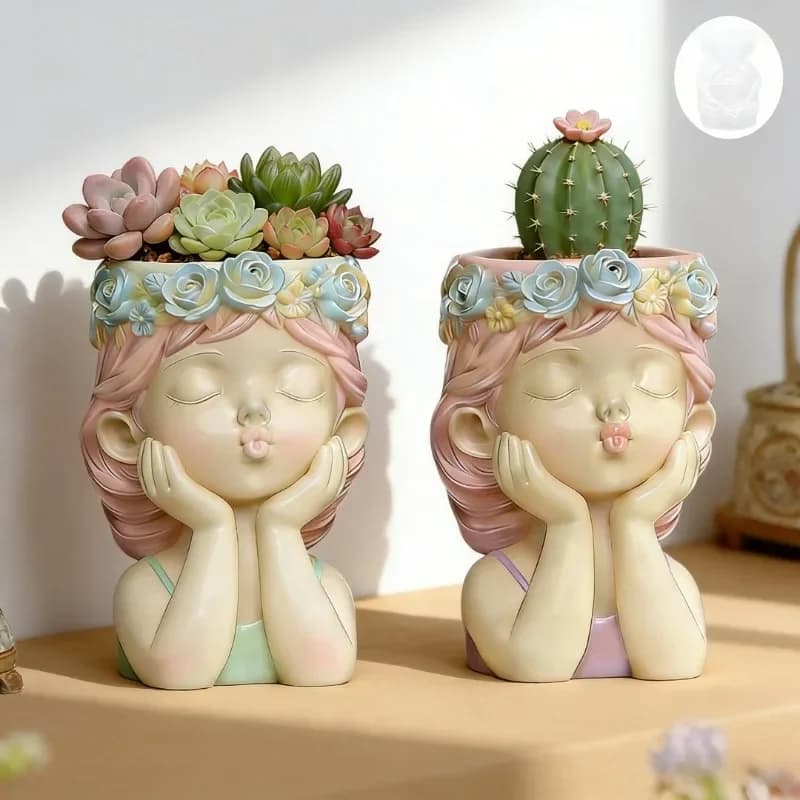 Pouting Girl With Flower Crown Flowerpot Gypsum Silicone Mold For Concrete Succulent Plants Pot Candle Cup Home Decoration