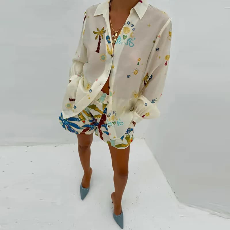 Set di tasche tutte abbinate Mujer Donna Casual Pianta tropicale Abiti da vacanza in due pezzi 2025 Elegante camicia con bottoni risvolto e pantaloncini