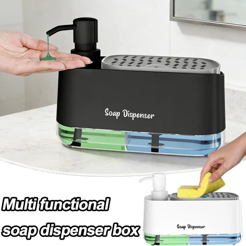 Space Saving Dual Pump Soap Dispenser Set 3 in1 Kitchen Organizer with Sponge Storage Box for Sink Countertop Cleaning Organizer