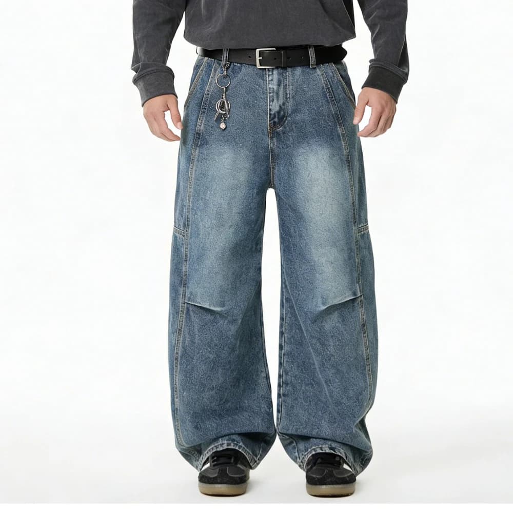 Jeans in denim da uomo, modello scimitar, a gamba larga, stile americano high street, con inserti, pantaloni baggy streetwear