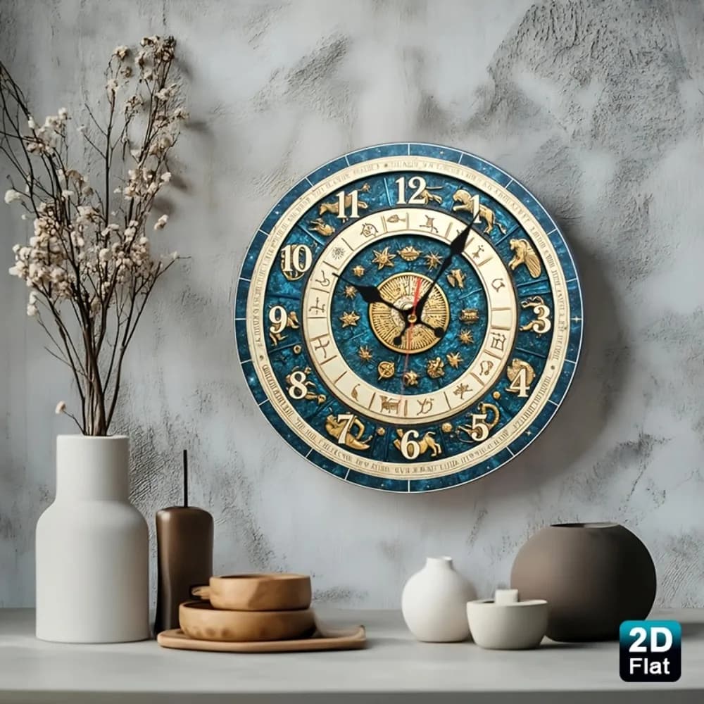 2D Flat 1pc Zodiac Wheel Nursery Wall Clock 12 Inch Silent Non Ticking, Perfect for Kitchen, Classroom, Office, Home, School & A