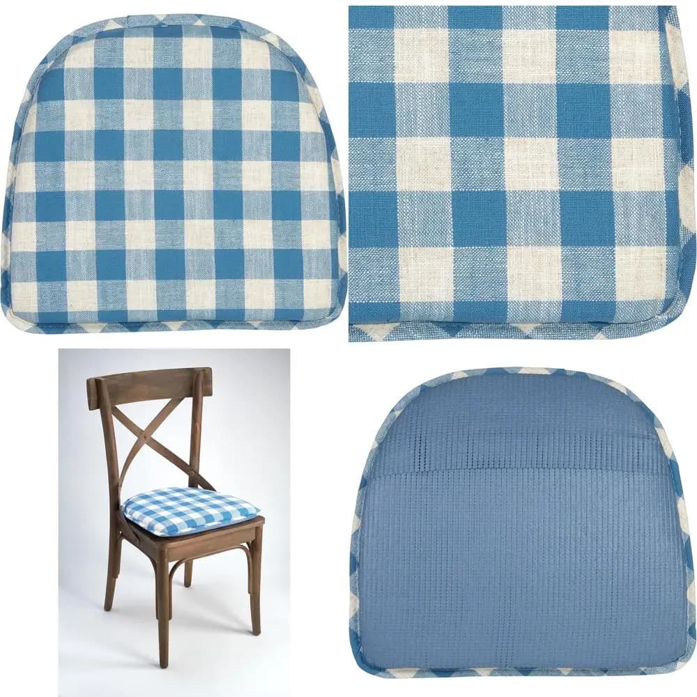 Cuscini antiscivolo per sedie da pranzo in lino, 15x16x2 pollici, set di 4, motivo a quadri blu