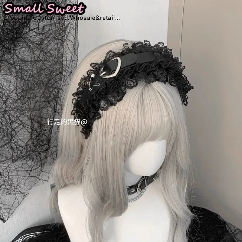 Accessori per capelli Goth Harajuku Gothic Lolita Y2K ragazza Punk amore pizzo floreale fascia per capelli increspata fascia per capelli collana girocollo