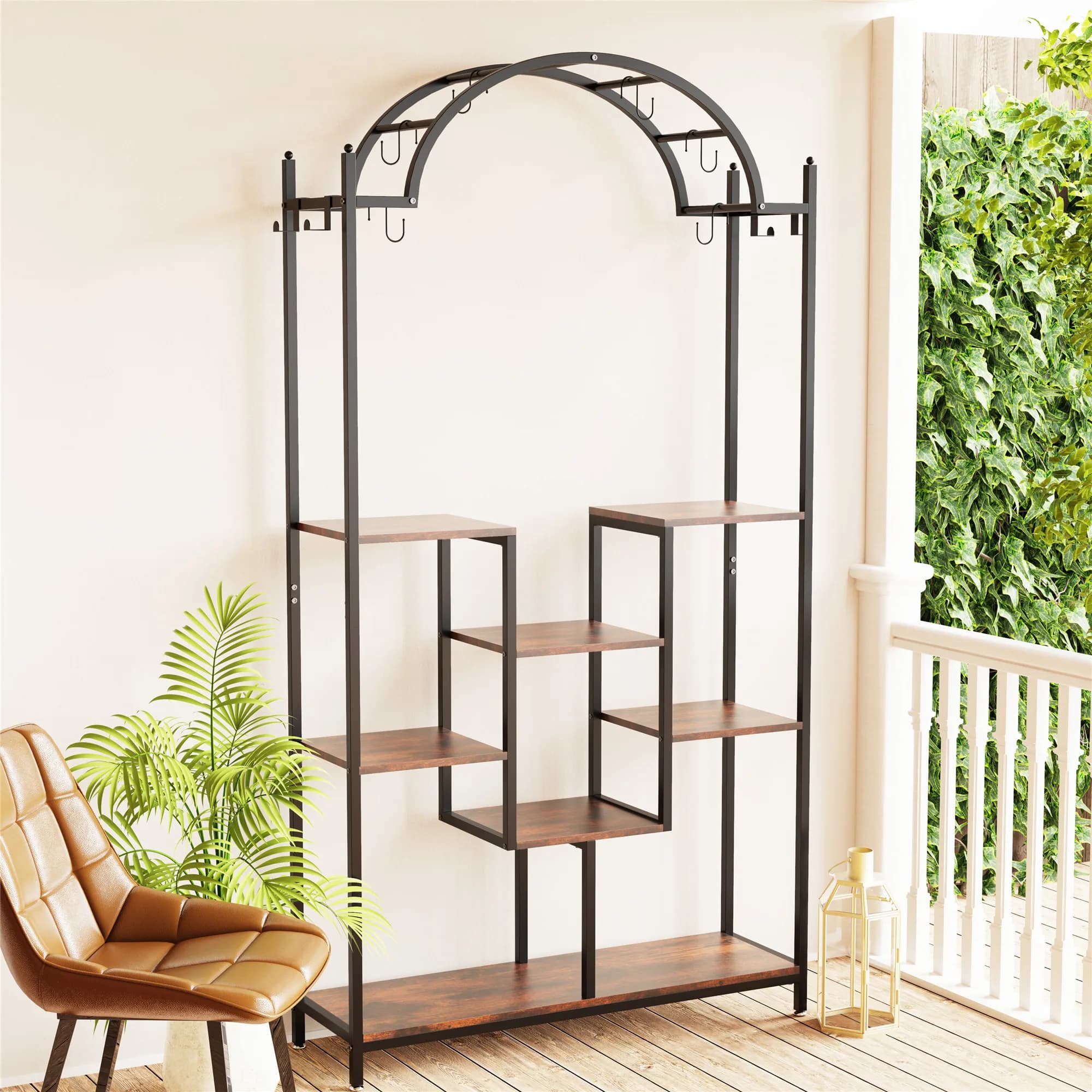 Scaffale per fiori in metallo ad arco da 74,8 pollici con ganci per appendere, espositore per vasi bonsai di grandi dimensioni, supporto per piante da interno alto a 5 livelli