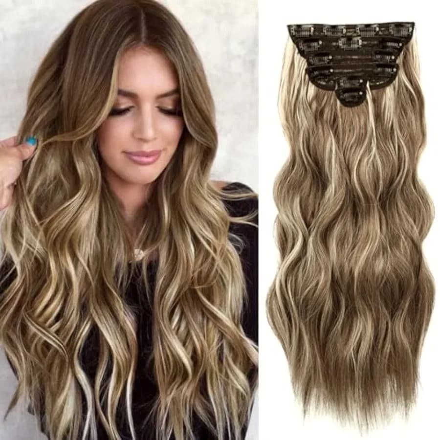 Clip in Hair Extensions for Women 20 Inch Long Wavy Curly Medium Brown Ash Blonde Hairpieces Full Head Synthetic Hair Hairpiece
