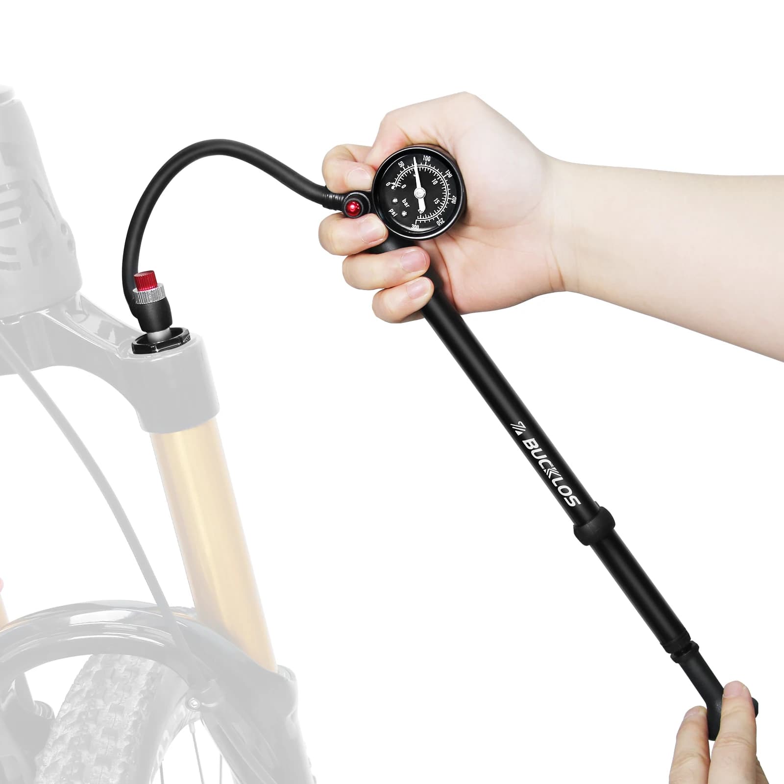 BUCKLOS Ciclismo Pompa Forcella Anteriore MTB Forcella Aria 300Psi Pompa Bici Pieghevole Portatile Bici Posteriore Shok Pneumatico Un clic Pompa di Sgonfiaggio
