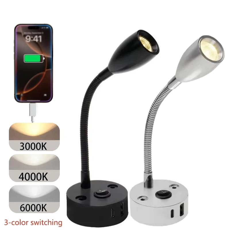 Lampada da lettura per camper da 12 V con 3 colori di luce diurna neutra calda, attenuazione continua, ricaricabile tramite USB per camper, camper, rimorchi, barche