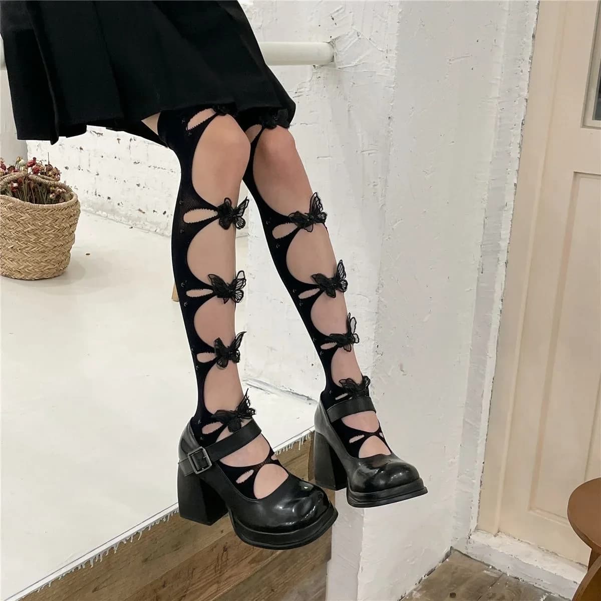 Lolita calze al ginocchio alla coscia 3D farfalla Sexy calze nere carino Y2k donne modello di pizzo calze autoreggenti intimo collant