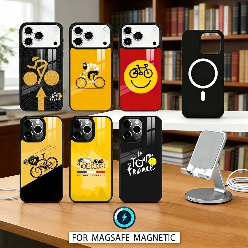Custodia per telefono T-Tour De France per iPhone 17, 16, 15, 14, 13, 12, Pro, Max con ricarica wireless magnetica MagSafe