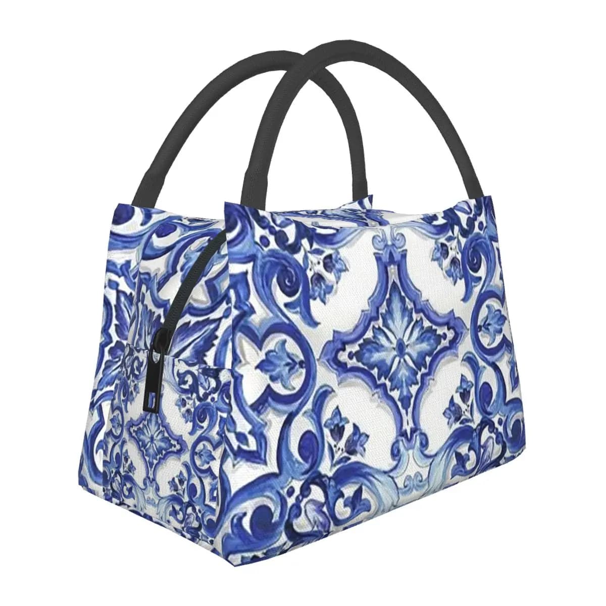 Thermal bag for blue lunch with ornamental floral decorations in Sicilian Mediterranean style, for school, picnic, food containers, thermal boxes for lunch
