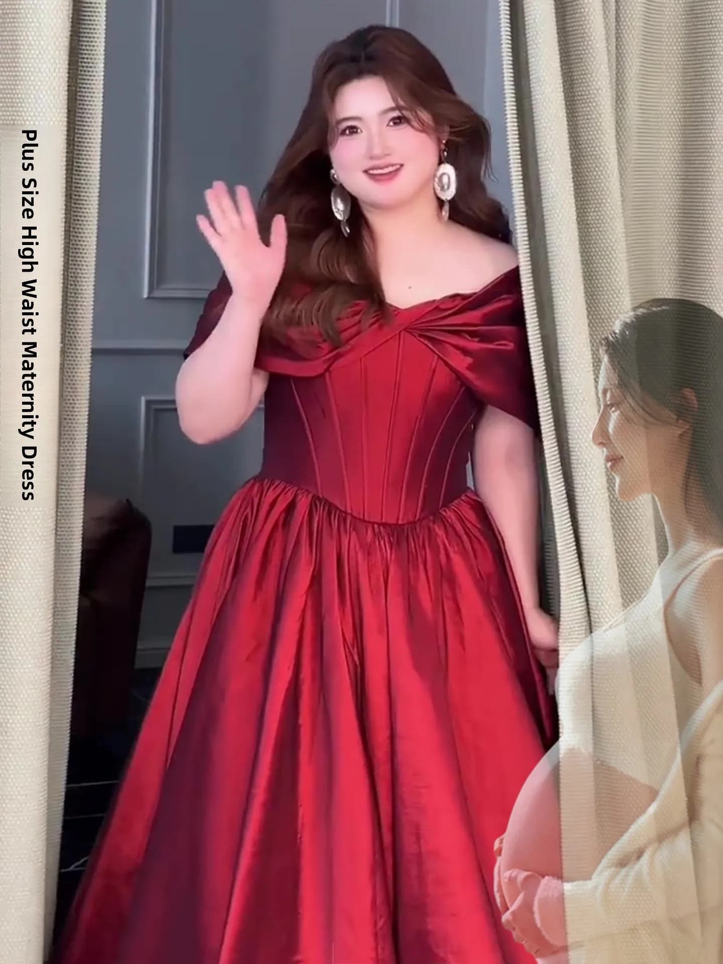 Abito da Sposa Rosso Premaman Monospalla Elegante a Vita Alta con Gonna a Trapezio Lunga per Festa di Fidanzamento o Spettacolo