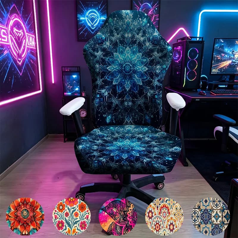 Ice Blue Crystal Snowflake Mandala Gaming Chair Cover, Stretch Elastic Anti-Scratch Slipcover for Gamer & Office Chair