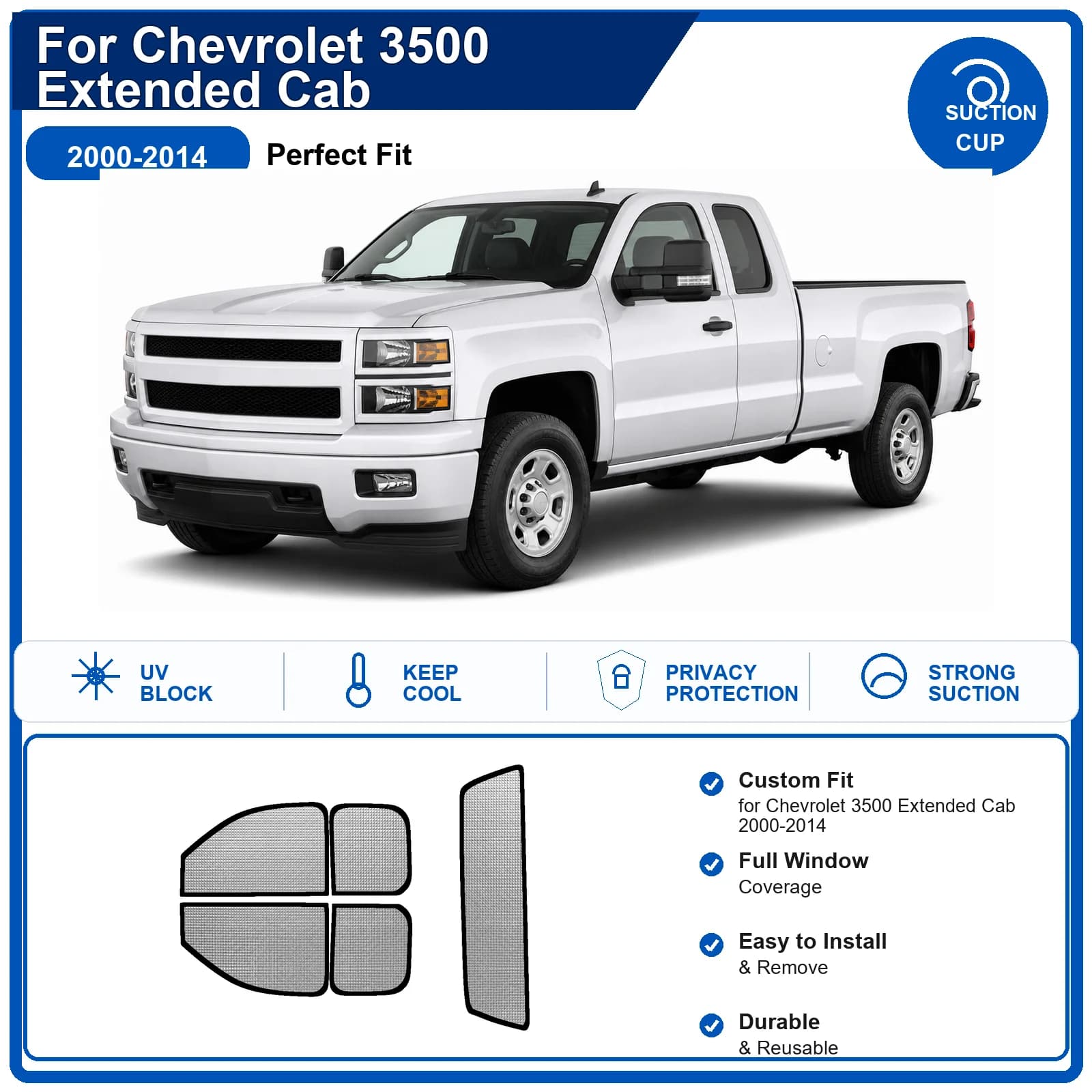 For Chevrolet 3500 Extended Cab 2000-2014 Custom Full Set Windshield Sun Shade Aluminum Foil Heat Insulation Anti UV Foldable