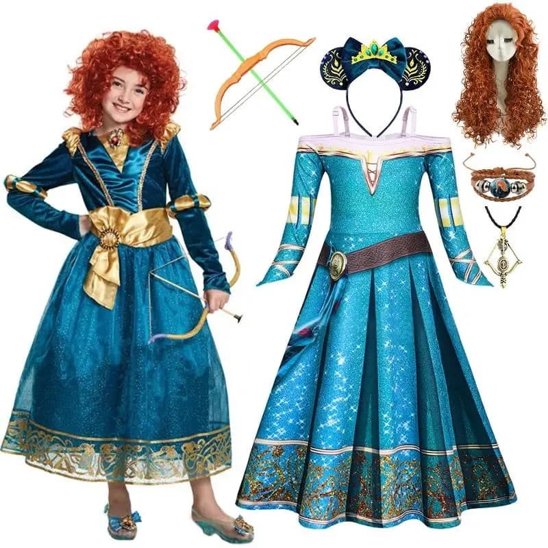 Halloween Girls Princess Merida Cosplay Costume Brave Cosplay Masquerade Costume Fairy Kids Birthday Party Shoulderless Dress
