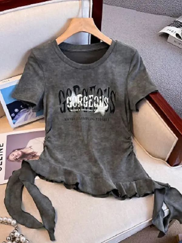 Summer New Women's Casual round Neck Short Sleeve T-shirt Letter Print Design Gathers Versatile High Waist Moisture Wicking