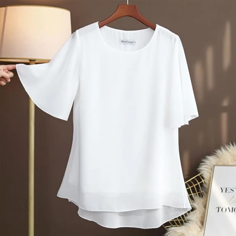 Elegant Plus Size Silk Blouse Short Sleeve Round Neck Loose Fit Tummy Control Summer Tunic Top Women's Shirt L-6XL BANERDANNI