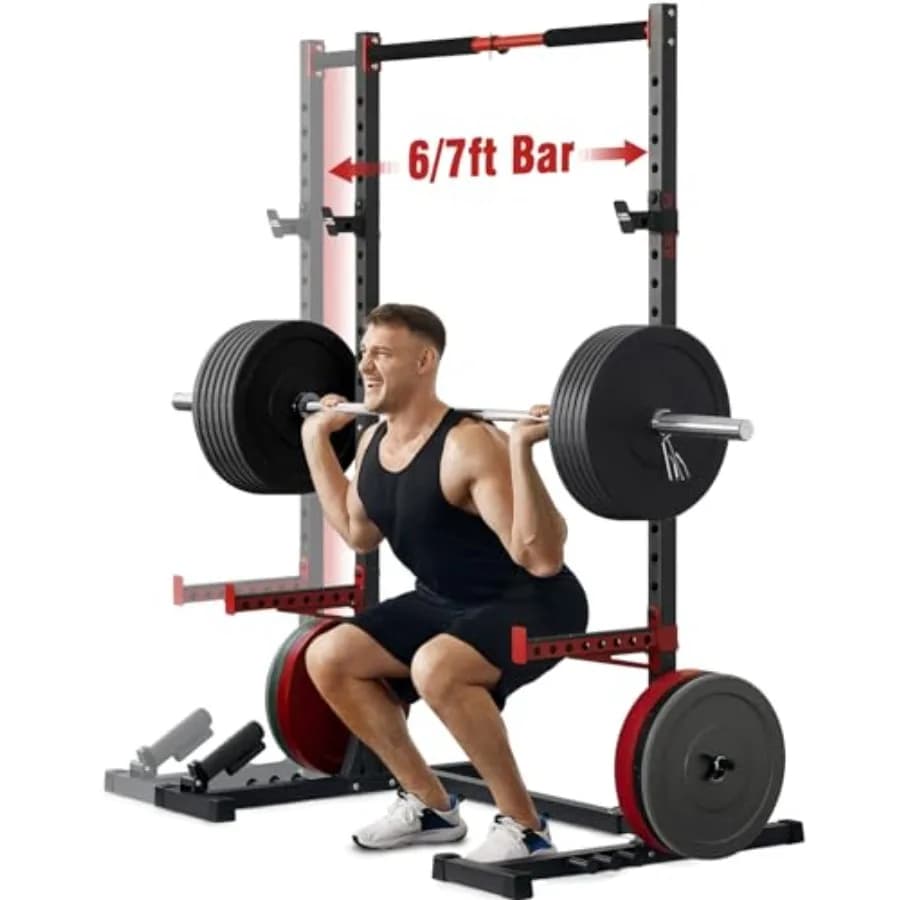 Squat Rack with Traction Bar, Multifunctional Power Rack for Home Gym, 22 Security Positions, Adjustable Height, Bar Width from 6/7 Feet