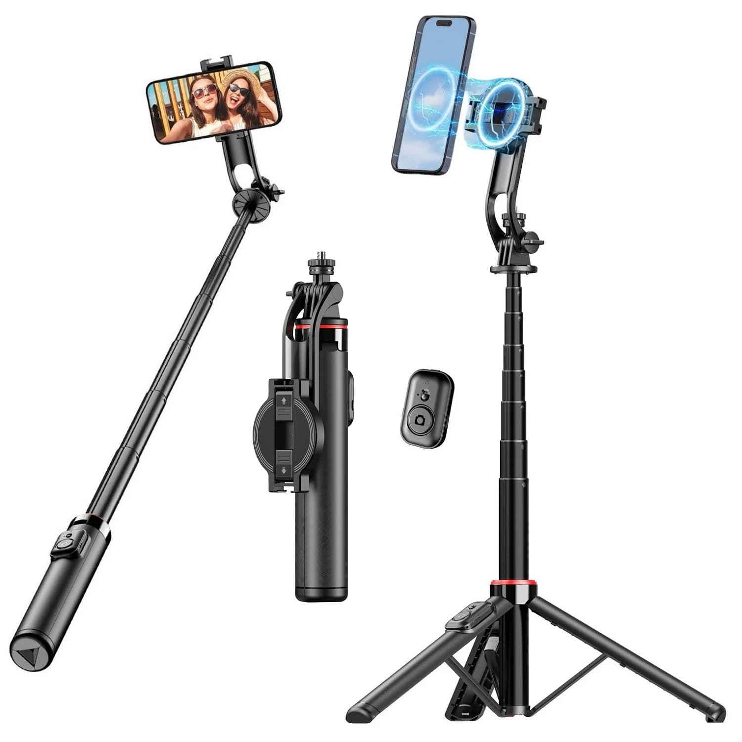 Treppiede magnetico per selfie stick per iPhone, supporto per treppiede per telefono da 51" compatibile con treppiede da viaggio Magsafe per telefoni Android iPhone