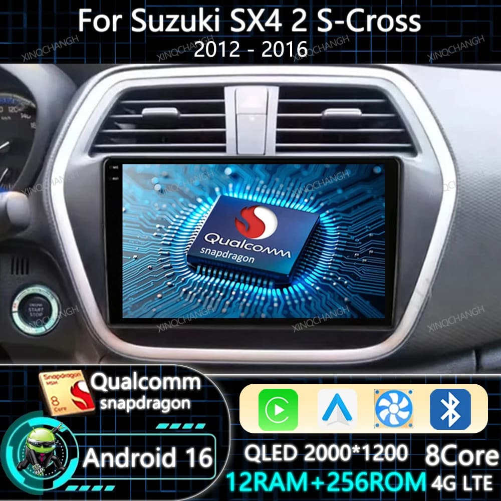 Android 16 Car Radio Carplay Auto For Suzuki SX4 2 S-Cross 2012 - 2016 BT 2DIN Multimedia Video Player Navigation Qualcomm QLED