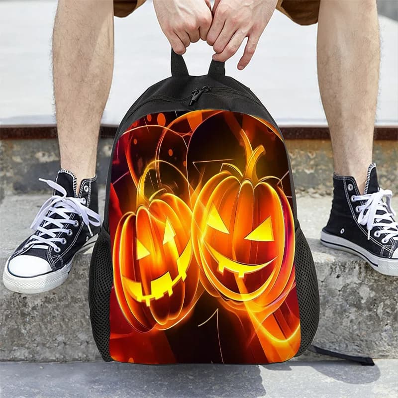 Halloween Pumpkin Lantern Shaped 2D Flat Backpack - Lightweight and folding casual bag with adjustable shoulder strap