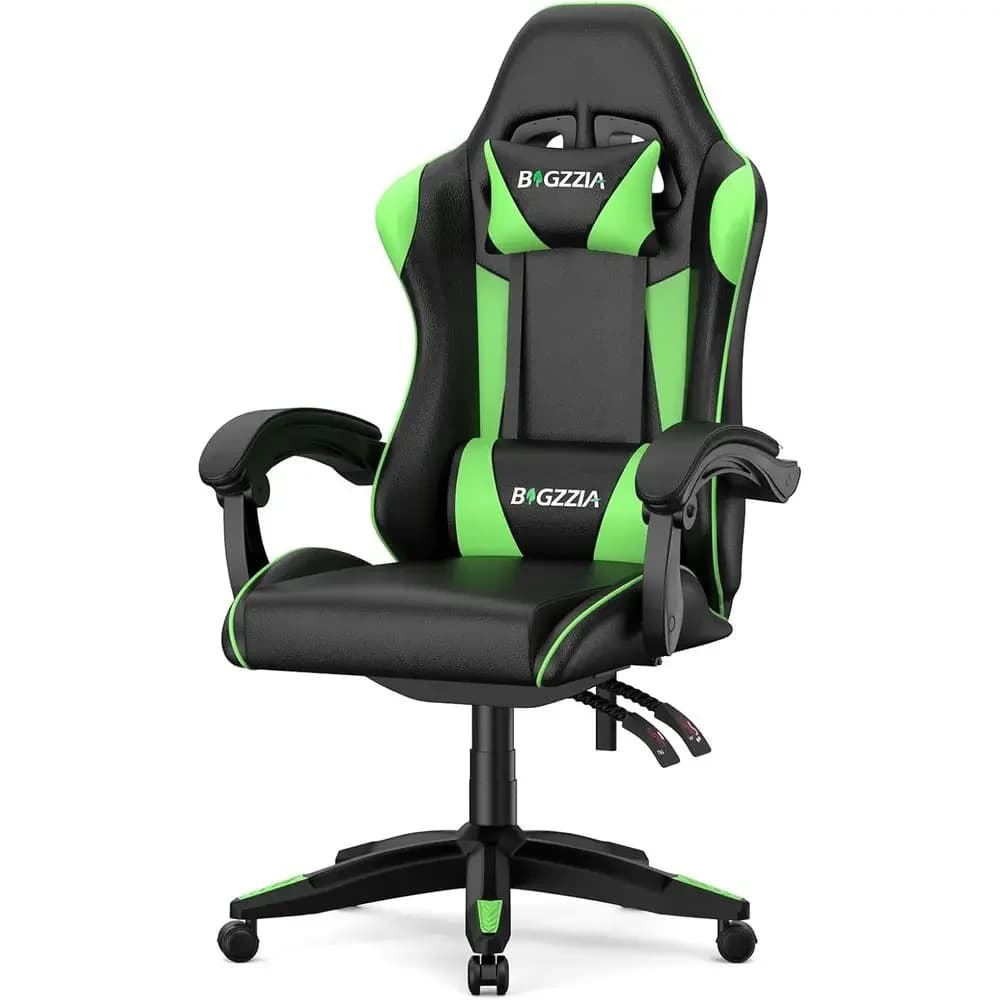 Ergonomic Gaming Chair with Pillow, Lumbar Support, and Adjustable Height for Kids and Adults - Racing Style Green