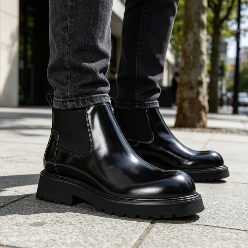 High End Fashion Thick Sole Casual Genuine Leather Chelsea Boots Men Shoes Outdoor High Top Work Male Hiking Ankle Boots