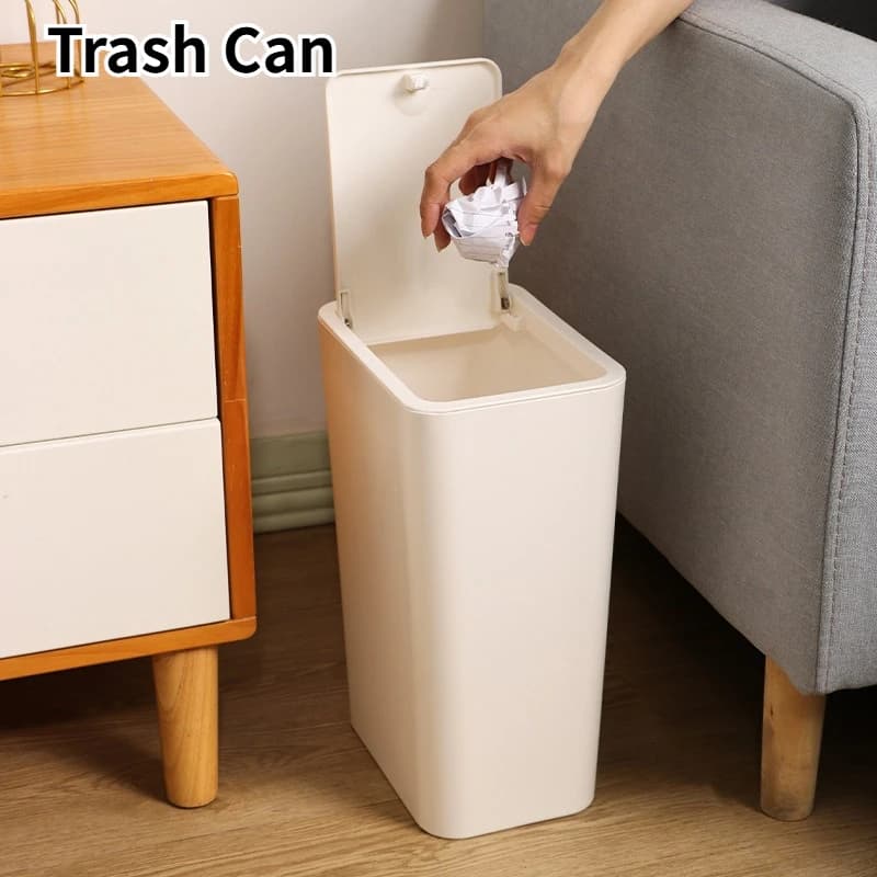 Cestino per rifiuti da bagno, piccolo cestino per immondizia con coperchio a pressione per WC, camera da letto, soggiorno - Cestino in plastica con coperchio a scomparsa