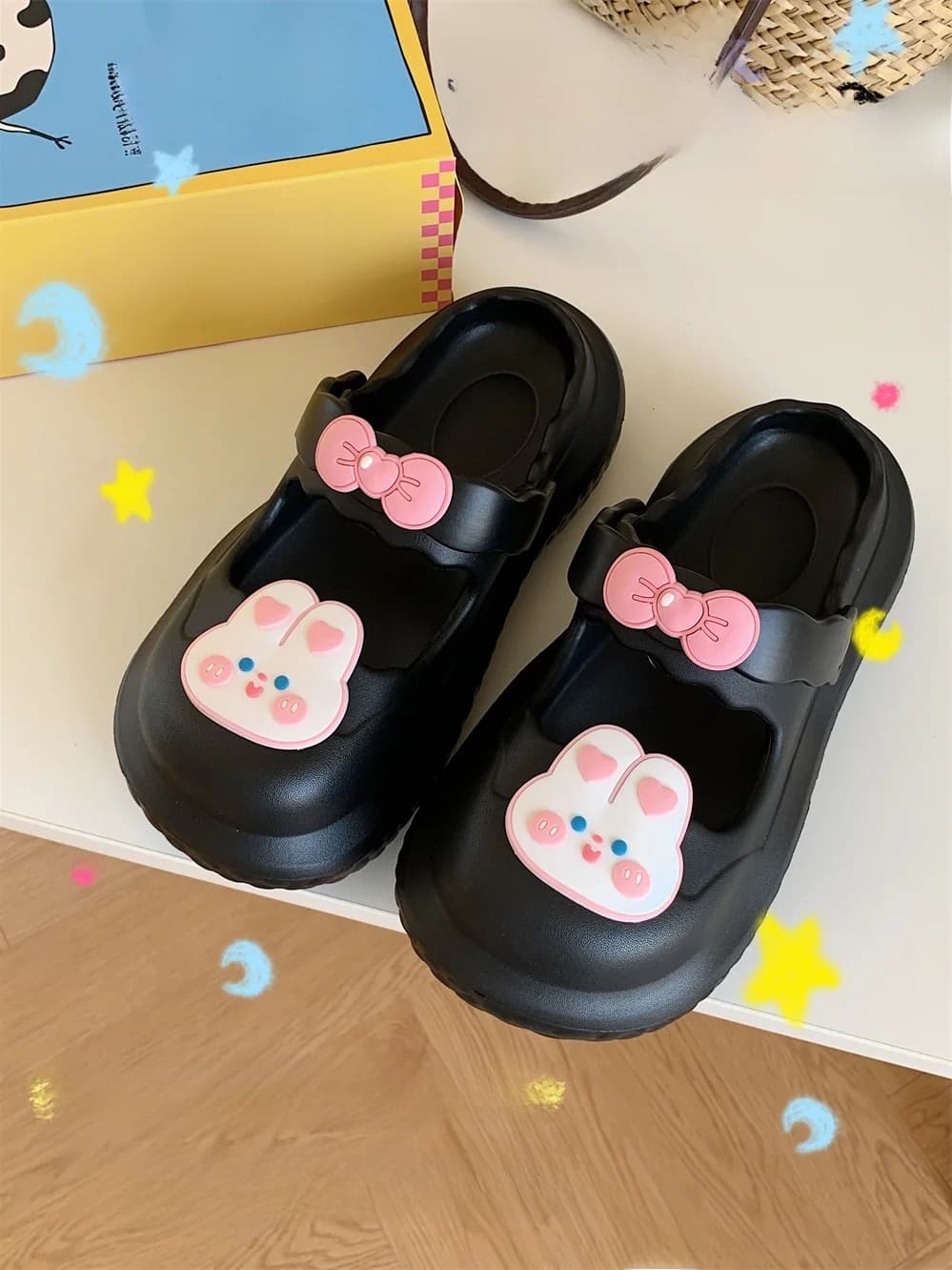 Cute Rabbit Head Half Slippers Sweet Style Student Sandals Casual Outdoor Wear Soft Comfortable EVA Material mid Heel