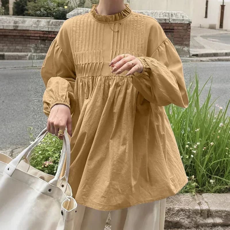 ZANZEA 2026 Moda Donna Top con Maniche Lunghe a Lanterna, Camicetta Tinta Unita Autunnale con Colletto Alto, Camicie Casual Plissettate Oversize, Bluse Dolci