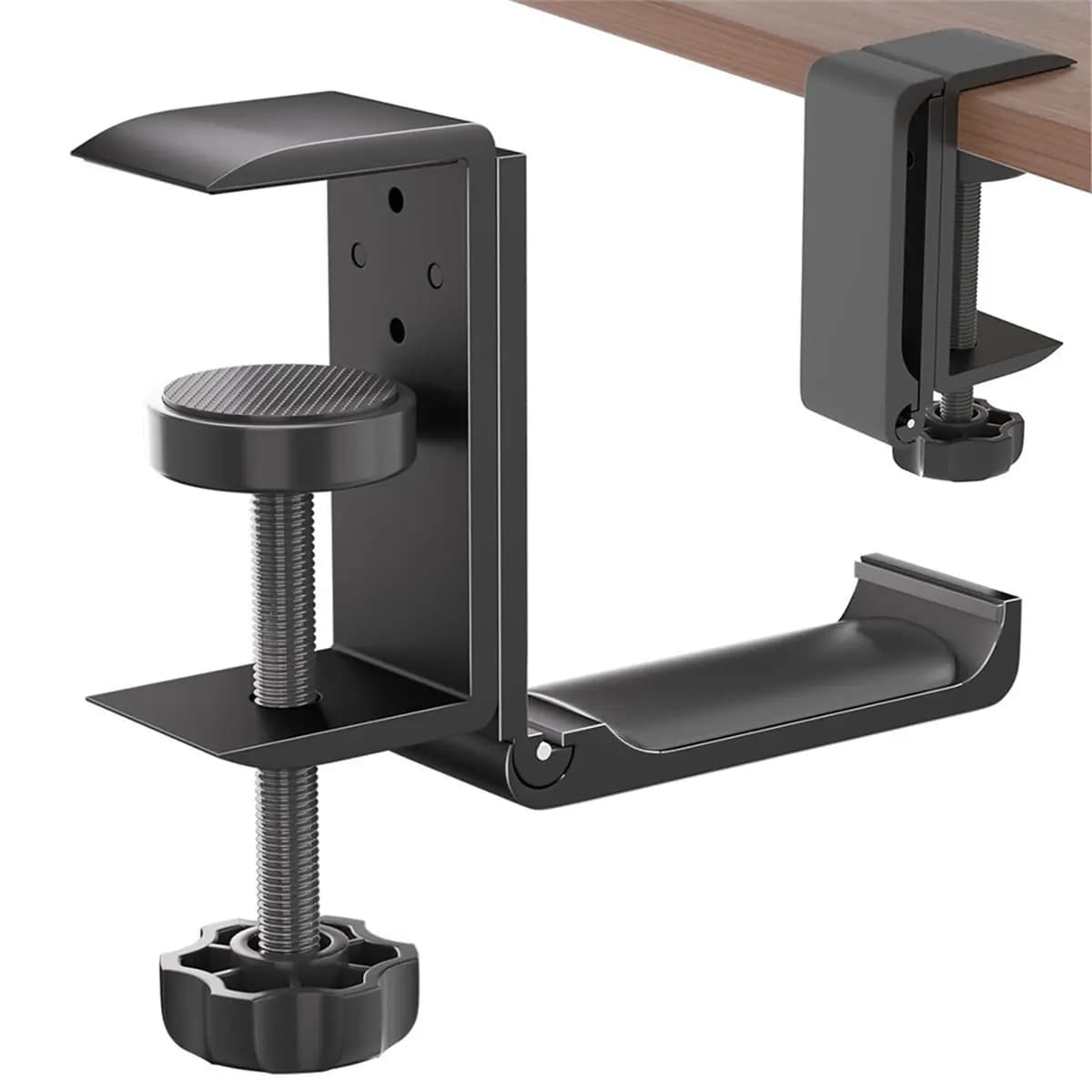 【CHYMS】Supporto per cuffie sotto la scrivania Supporto per gancio per cuffie pieghevole Supporto per morsetto per cuffie da gioco in alluminio Gancio in silicone antiscivolo Nero