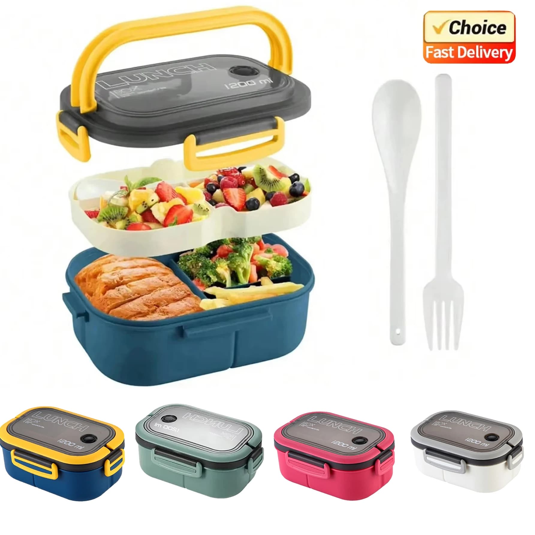 1200ML 2 Layer Bento Lunch Box with Spoon Fork High Capacity Microwave Safe Leakproof Food Container for Office Camping Kid