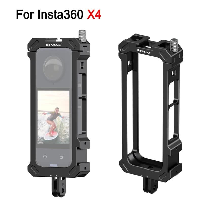 PULUZ Gabbia protettiva in metallo per fotocamera per Insta360 X4 Telaio alloggiamento in lega di alluminio con adattatore per treppiede con base per pattino freddo espandibile