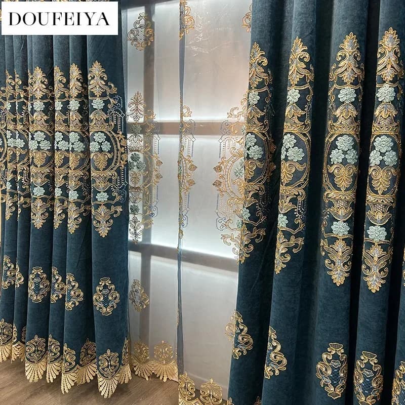 European Blue Embroidered Valance Chenille Luxury Curtains For Living Room Bedroom Dining Blackout Tulle Window Custom Size