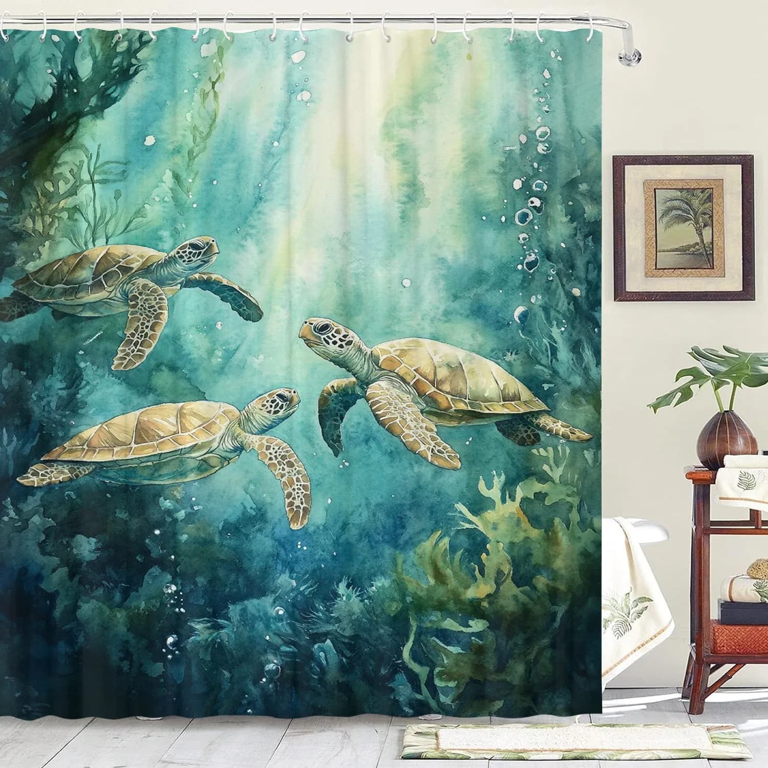 Tenda da doccia a tema tartaruga oceanica 12 ganci per camera, casa, hotel, tende per finestre lavabili, bagno, un pezzo