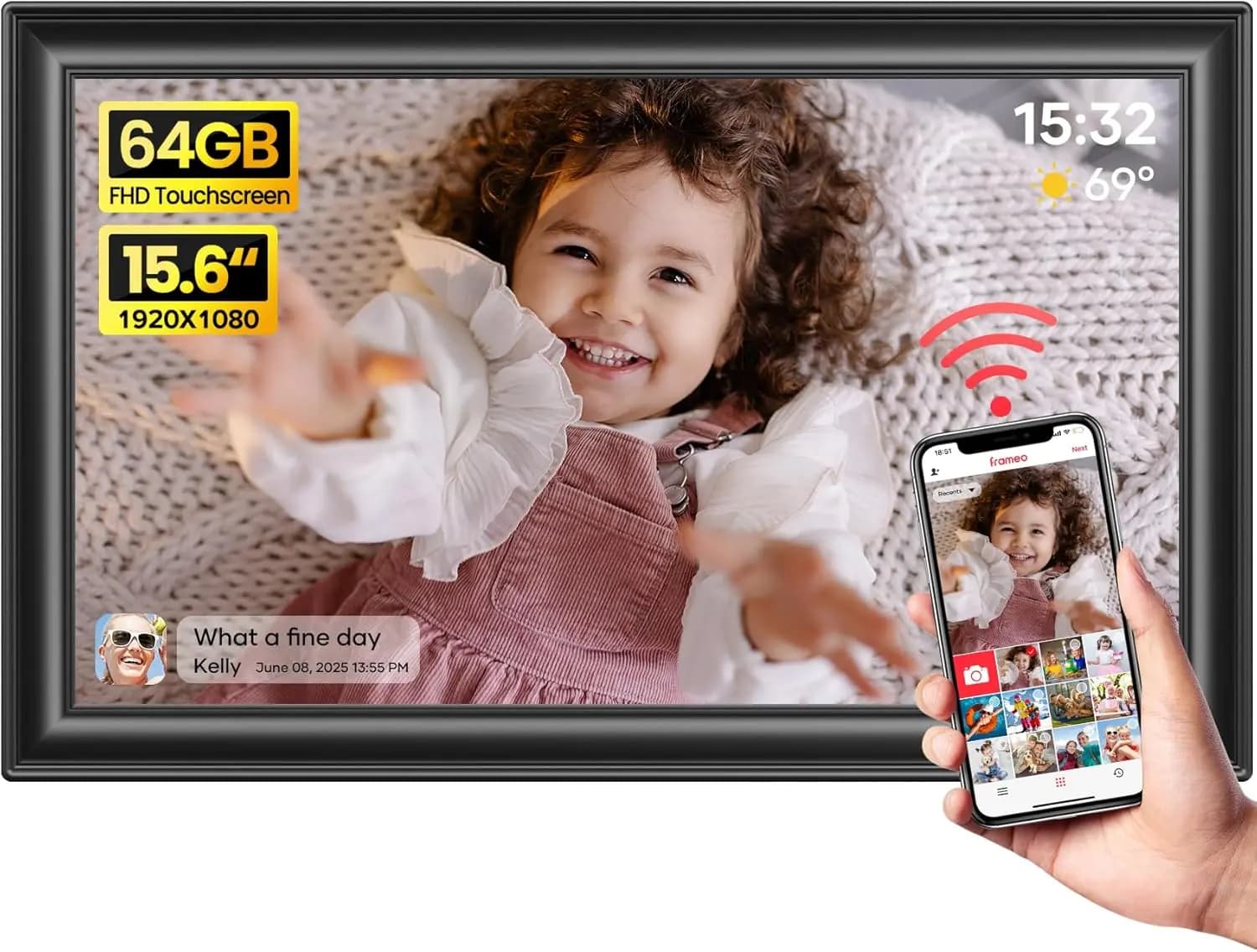 Cornice digitale WiFi da 64GB con schermo touch FHD da 15.6 pollici, invia foto dal telefono, regalo perfetto per i genitori