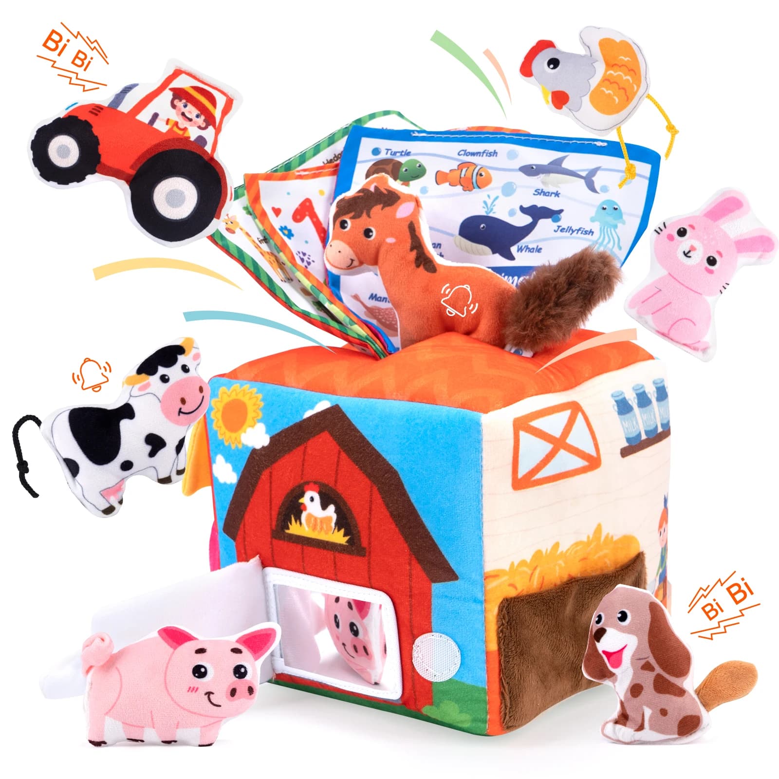 Scatola per fazzoletti per animali in peluche morbido per bambini Set di case per animali da fattoria simulati con suono Giocattoli per la cognizione sensoriale del bambino Giocattoli Montessori