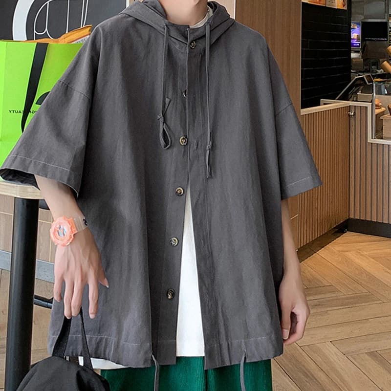Gray Retro Hooded Five-Quarter Sleeve Men's Shirt Summer Thin Outerwear Short Sleeve Jacket Stylish Boyfriend Trendy Sharp