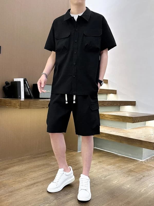 Summer 2024 Men's Ice Silk Short Sleeve Shirt Thin Sportswear Casual Set Cool Looking Shirt Shorts Polyester Fiber Youth