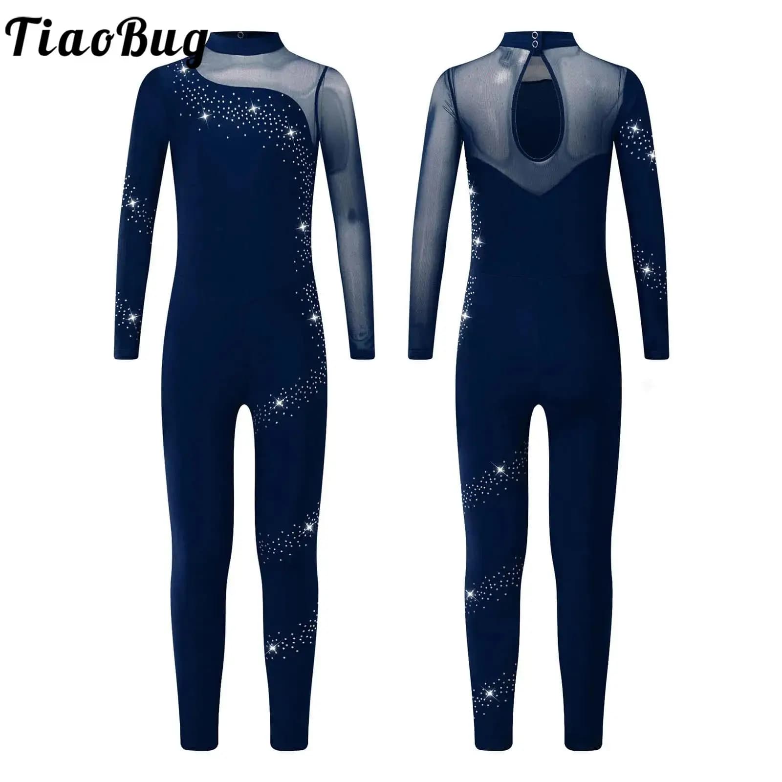 Body da danza classica per bambina a maniche lunghe con strass Body da ginnastica in rete trasparente Tuta intera per pattinaggio su ghiaccio di figura Dancewear