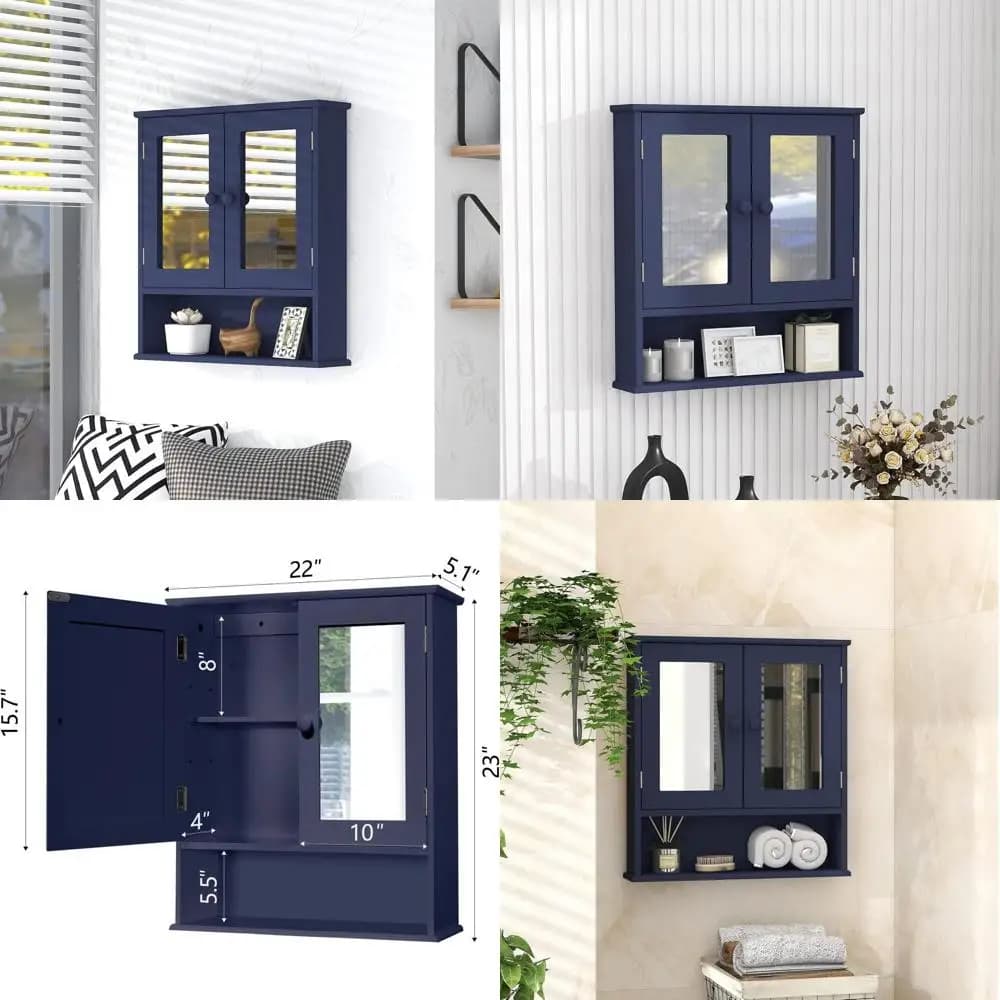 Mobiletto in legno a specchio con 2 ante e 3 ripiani per bagno, lavanderia o cucina