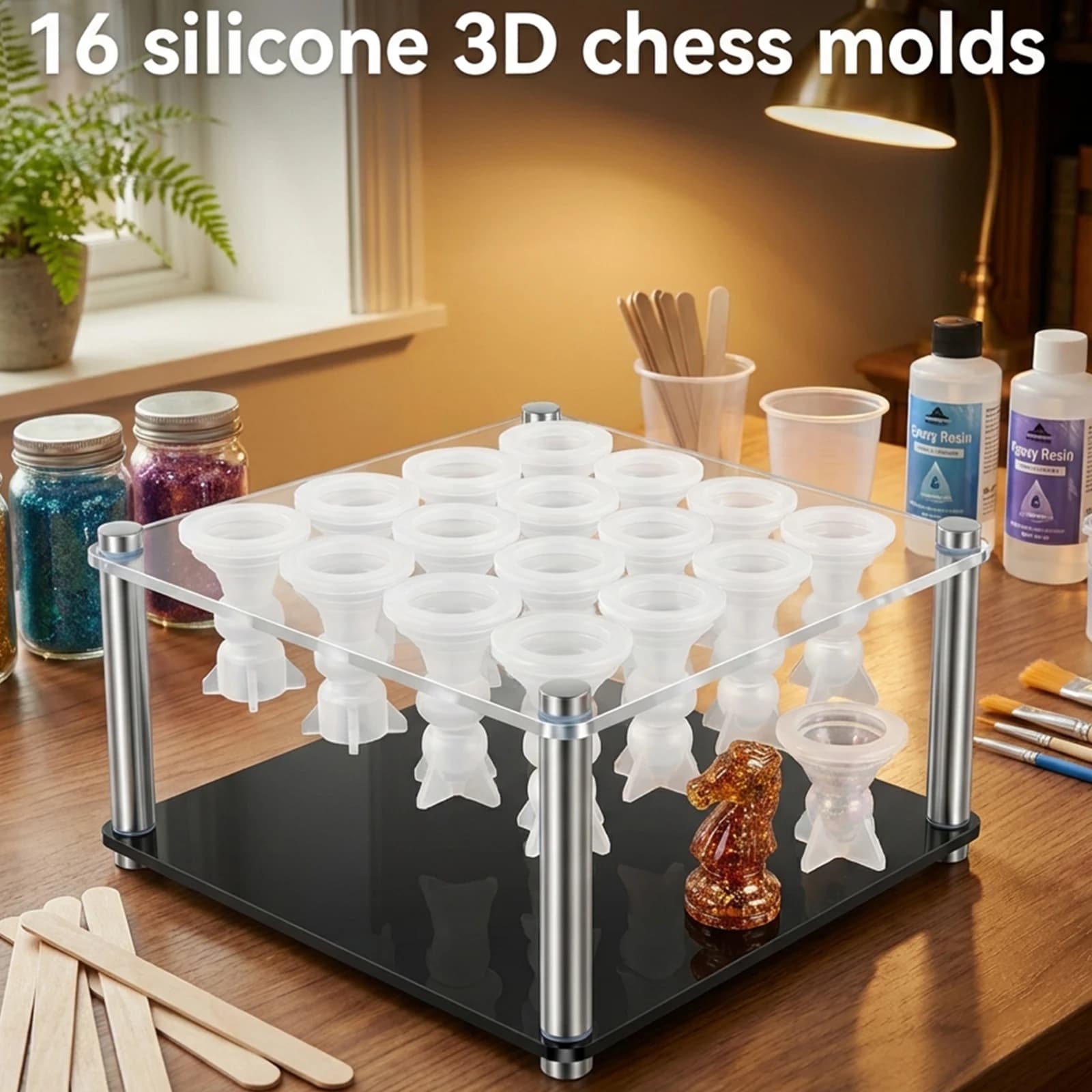 Stampo per Set di Scacchi in Resina con 1 Porta Pezzi, Kit di 16 Stampi in Silicone 3D per Resina Epossidica, Gioco da Tavolo Fai-da-Te, Artigianato Domestico