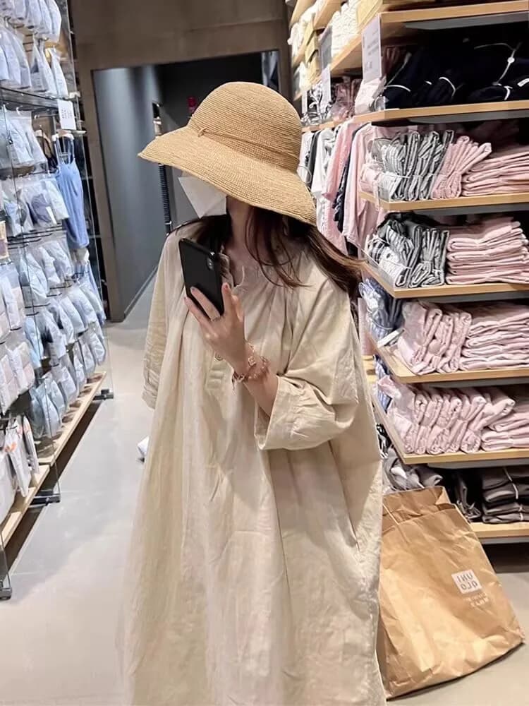 Retro Japanese Style Linen Dress Women's Summer Loose Lazy Draping Cotton Linen Knee-Length Skirt A-Line Midi Dress