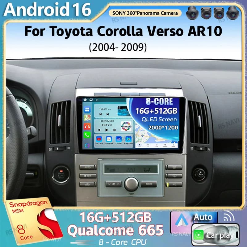 Android 15 Per Toyota Corolla Verso AR10 2004-2009 2K QLED Android Auto Radio Lettore Video Multimediale GPS Stereo CarPlay