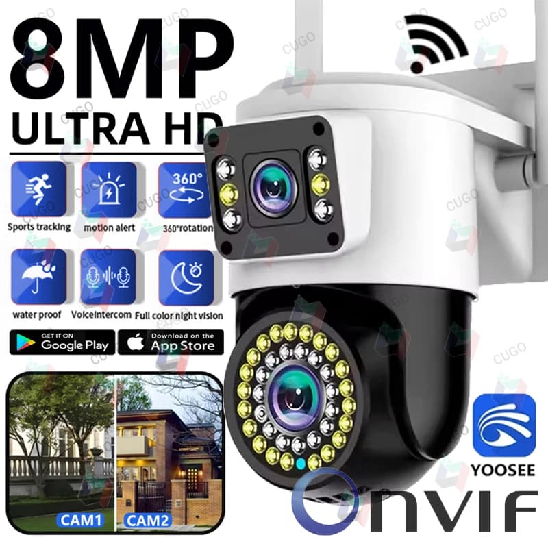 Camera WiFi Yoosee 8MP 4K to Double External lens Waterproof CCTV with Night Vision Audio Bidirectional Mobile Tracking IP Camera Onvif