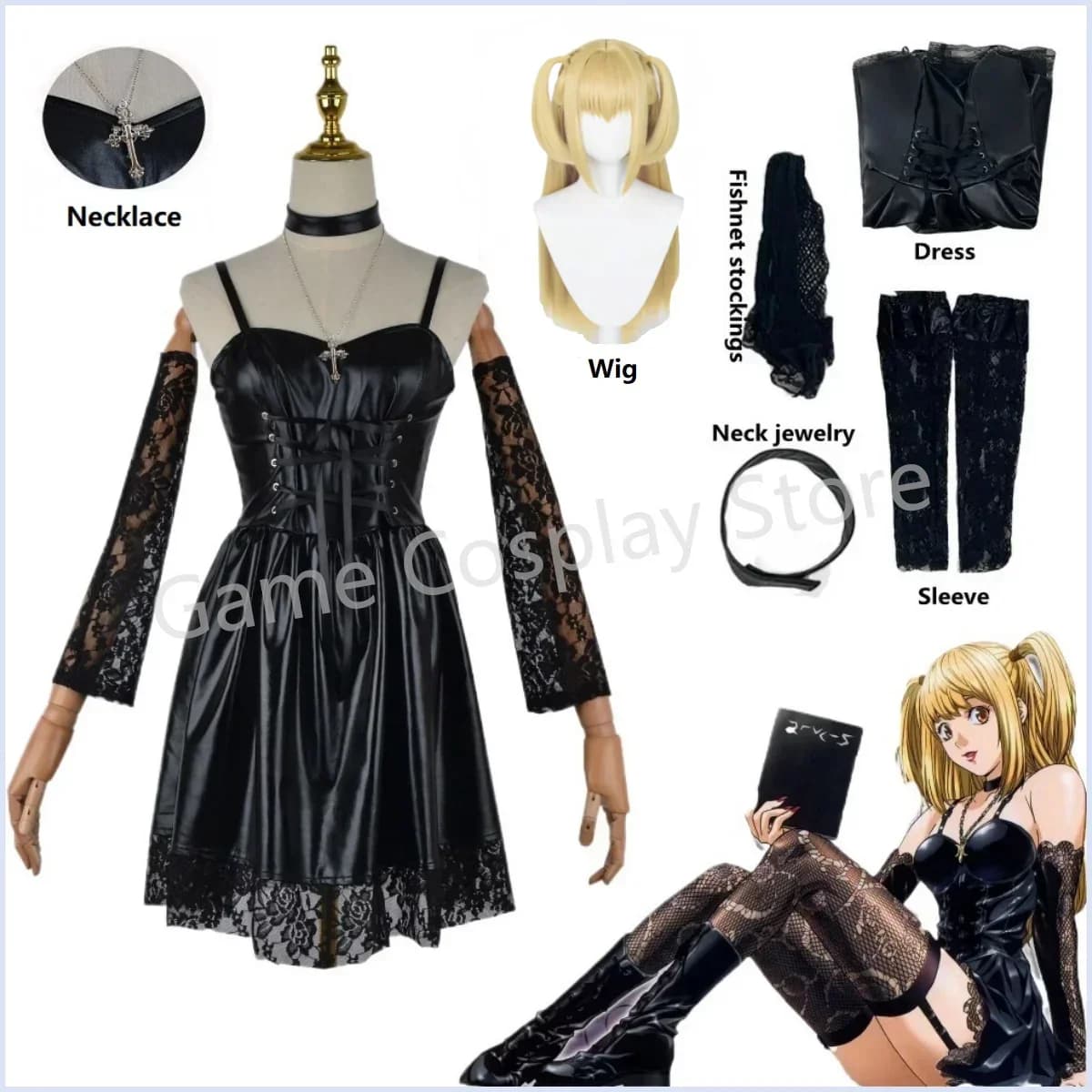 Misa Amane Cosplay Costume Death Note Cos Imitation Leather Sexy Dress Wig Stockings Necklace Uniform Outfit For Women Halloween