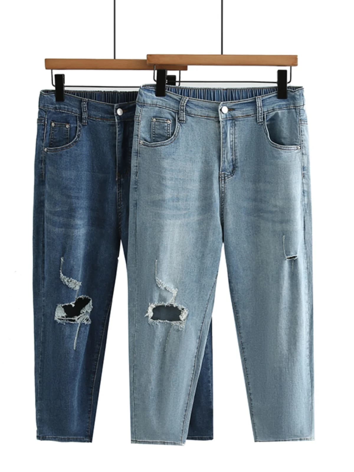 Jeans in denim blu sottile a vita alta con fori, pantaloni Harlan da donna, nuovo stile estivo, taglie forti, in cotone elasticizzato